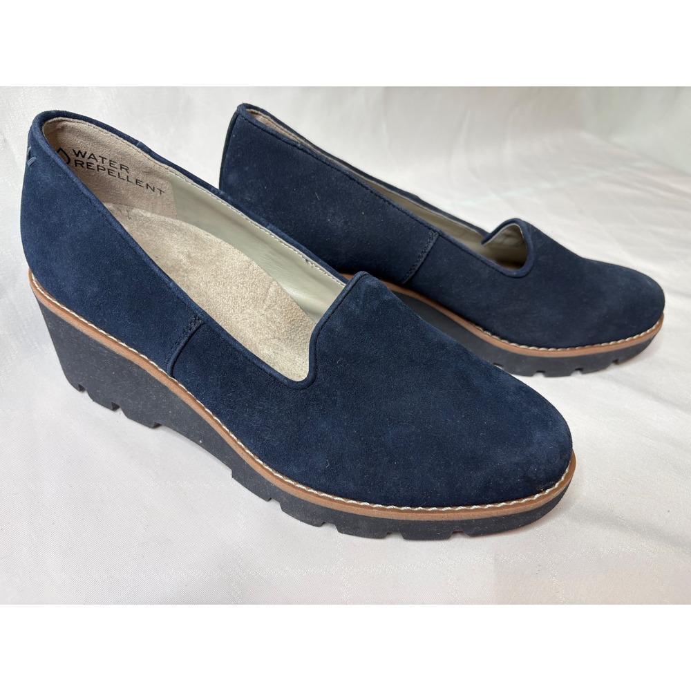 VIONIC Womens Navy Blue Willa Wedge Loafers Sz 7.5 Water Repellent Suede Comfort